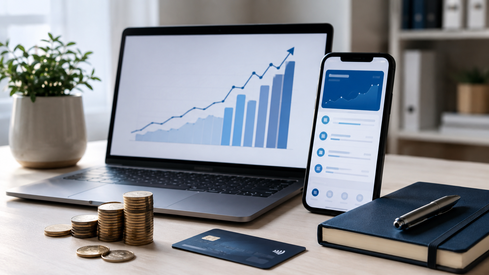 Ahorro bancario con monedas calculadora y gráfico de intereses para cuentas remuneradas
