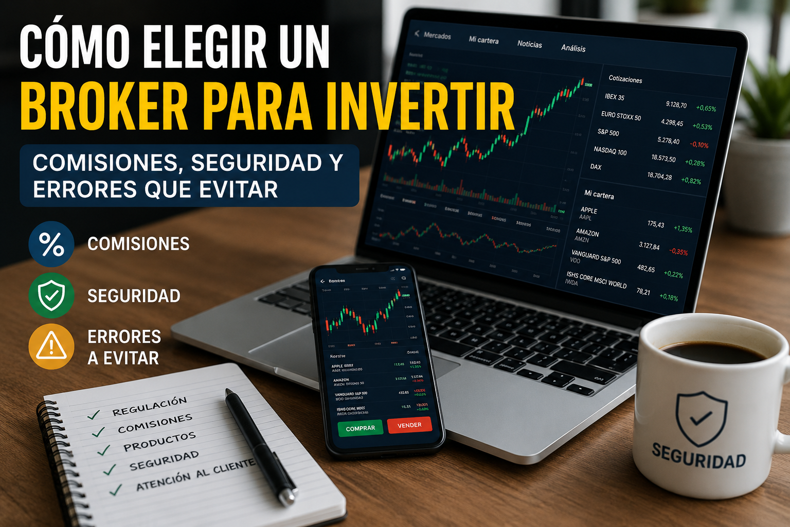 Portátil con gráficos financieros y checklist para elegir un broker de inversión
