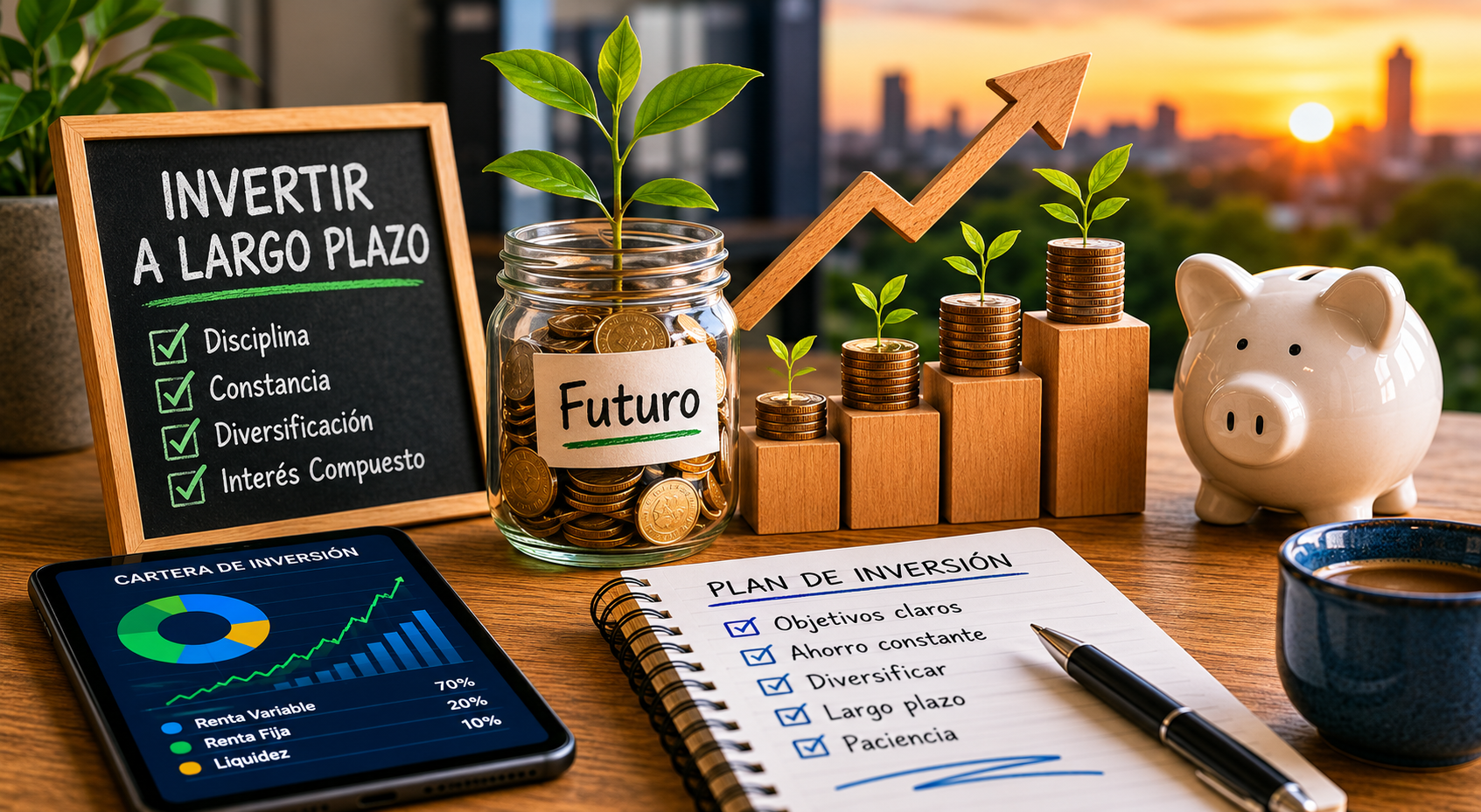Crecimiento financiero a largo plazo con monedas plantas y gráfico de inversión