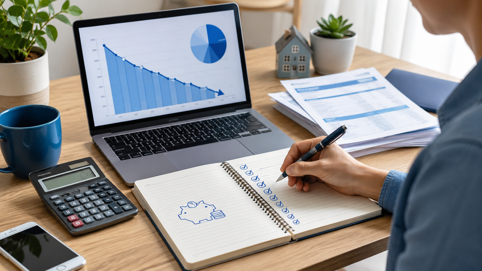 Plan financiero para reducir deudas y pagar préstamos con calculadora y documentos